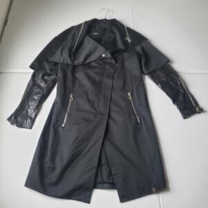 RUDSAK Lanza Coat Womens Medium Black Trench Genuine Leather Sleeves Zip Moto